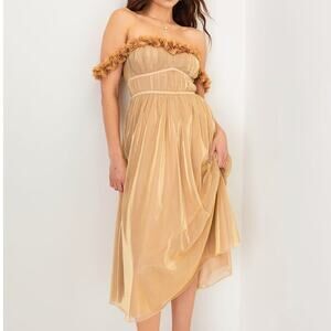 Lulus Amazing Essence Gold Metallic Mesh 3D Floral Midi Dress XS Goddess Toga